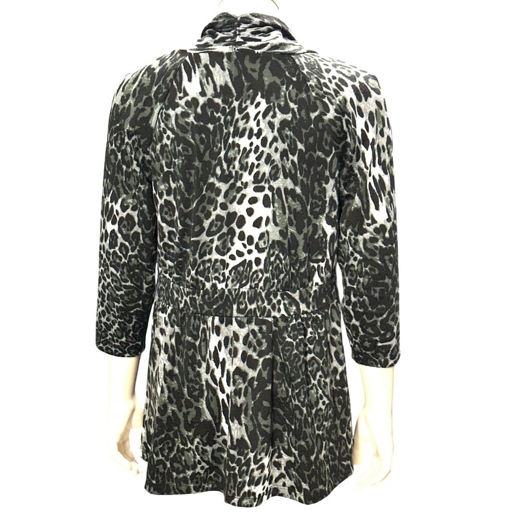 AB Studio Leopard Print Cardigan Black Gray Medium Lightweight Knit Open Front - Picture 4 of 9